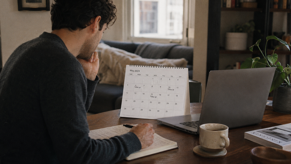 Young professional reviewing a calendar with spaced follow-up dates, representing respectful cold email etiquette and outreach timing.