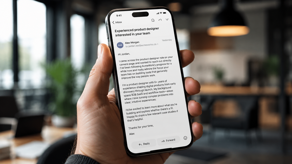 A hand holding a smartphone showing a professional email inbox, representing finding and opening a cold email outreach to a hiring manager
