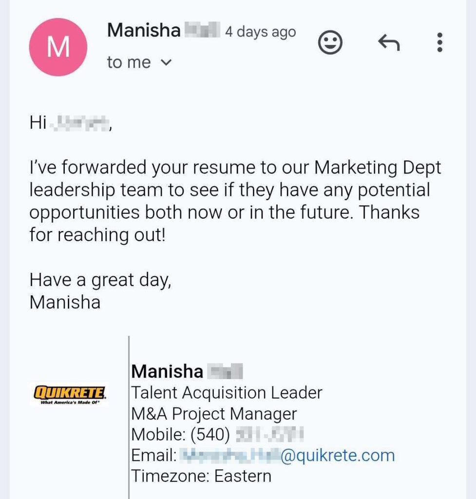 Response from hiring manager contacting Sylvia using Frontrunners