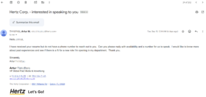 Email received by Maria using Frontrunners to automate outreach to hiring managers
